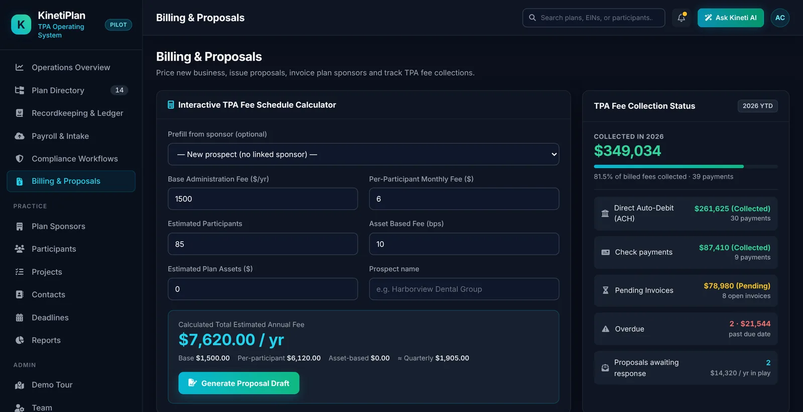Billing and proposals screen with a TPA fee schedule calculator and fee collection status